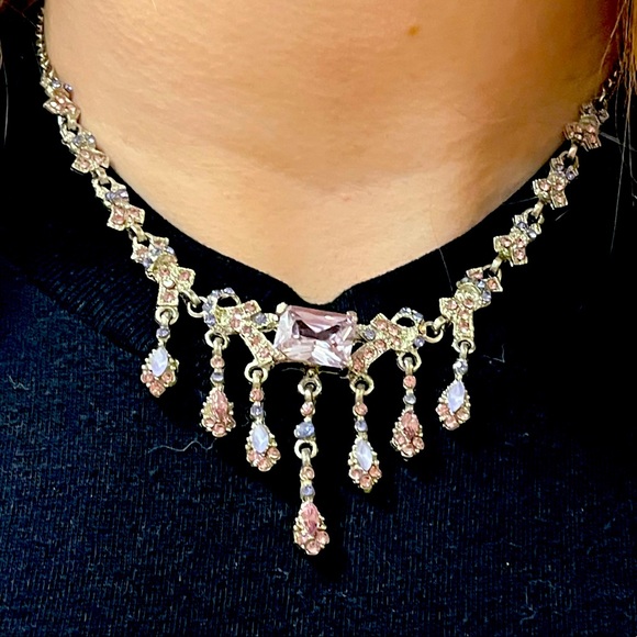 Vintage Y2K Silver with Purple & Pink Glass Crystal Chandelier Necklace - Picture 6 of 6